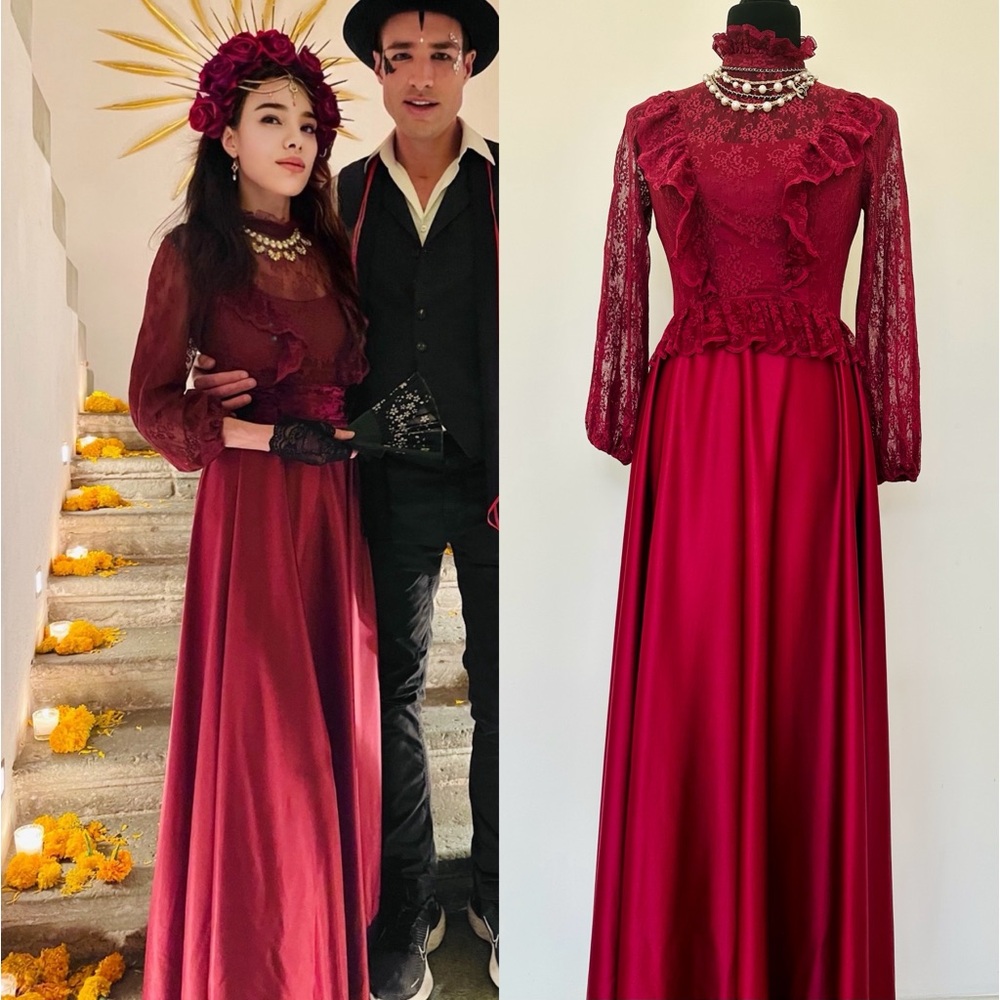 Vintage 70s Maroon Victorian Prom Dress Ruffle Maxi Lace Silky Disco Queen Small
